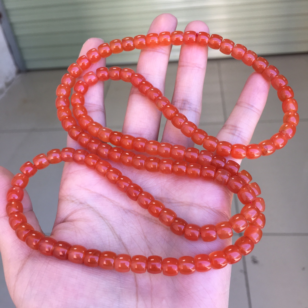 保山南红玛瑙冰红直切佛珠多圈6.7㎜单圈玉石收藏级别男女款