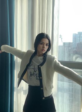 黑白羊毛粗花呢羊毛外套 法式小香风上衣女 优雅百搭小个子短款