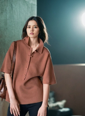 羊毛琥珀色廓形polo衫 纯色修身显瘦短袖女夏秋