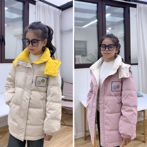 中大童两色笑脸可移动中长款腰带羽绒服