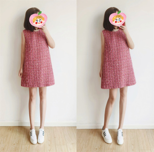 超美秋冬小香风连衣裙A字小个子宽松藏肉无袖背心裙娃娃款马甲裙