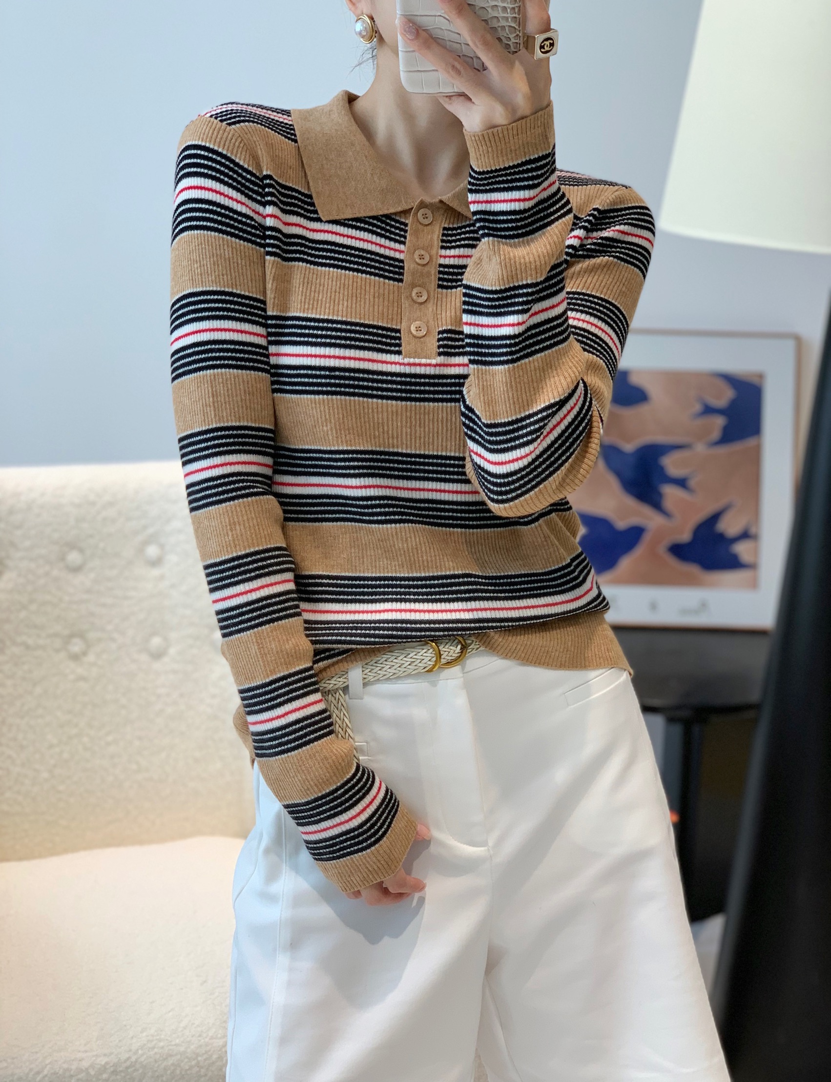 秋冬新款韩版休闲翻领条纹细羊毛针织套头女修身百搭毛衣上衣