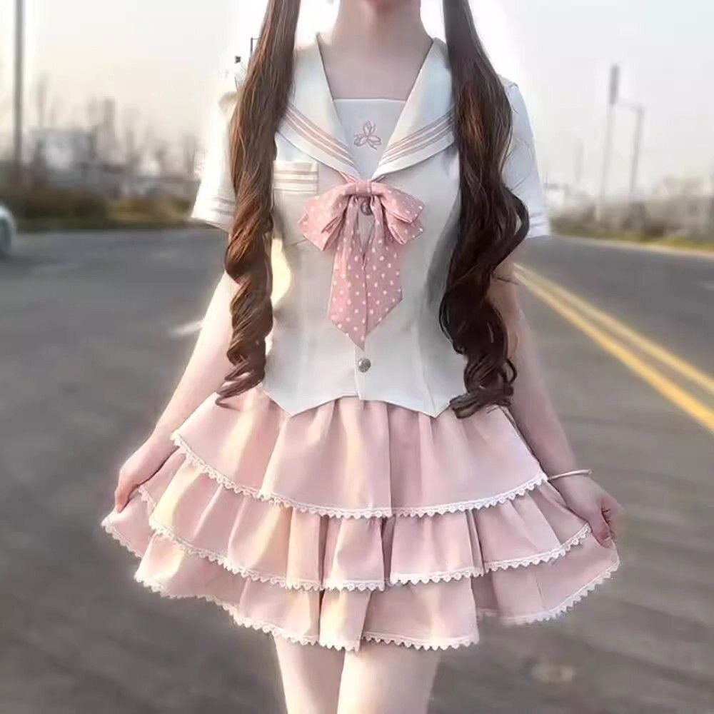 可爱少女学院风海军领制服甜美衬衣蓬蓬短裙高腰蛋糕套装两件套