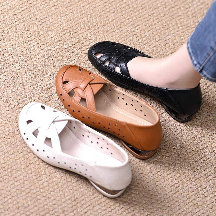 2026夏季新款真皮休闲镂空罗马凉鞋女平底包头软底单鞋粗跟妈妈鞋