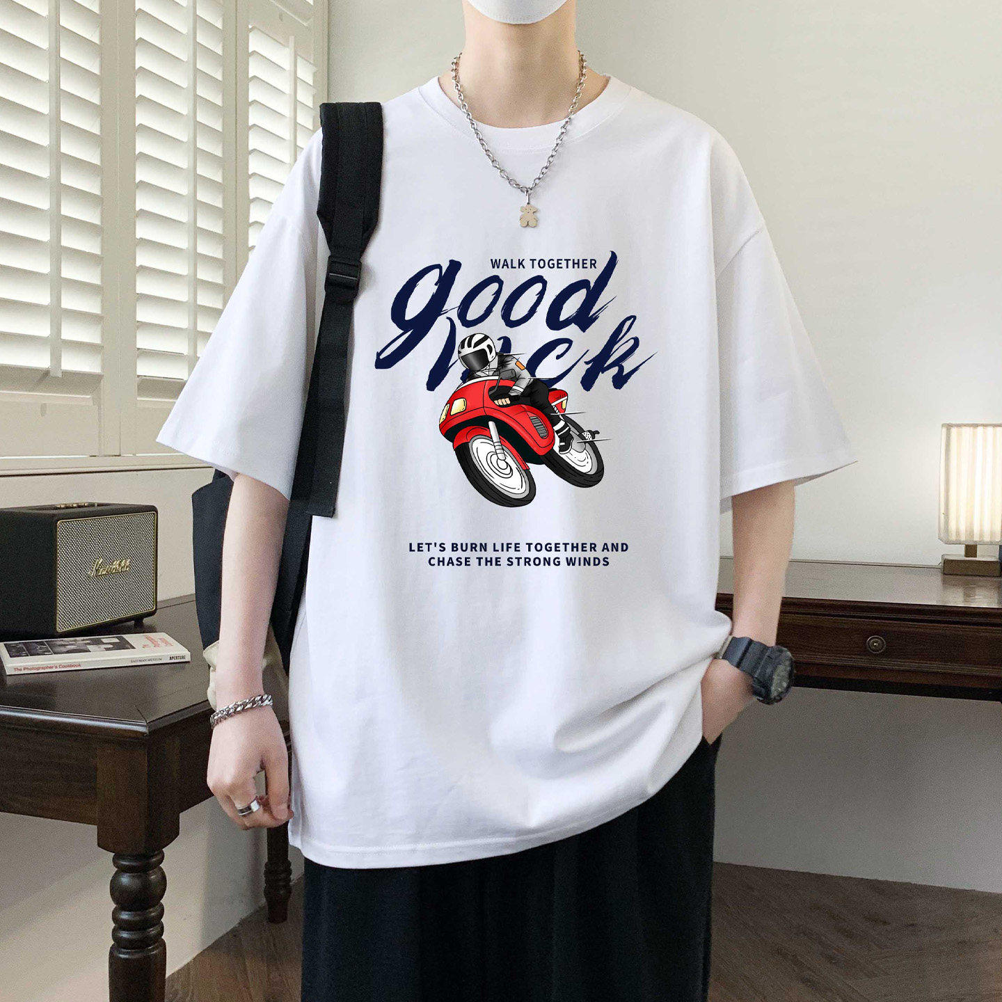 重磅纯棉男款短袖t恤男2026夏季潮牌飙车宽松圆领青少年半袖上衣