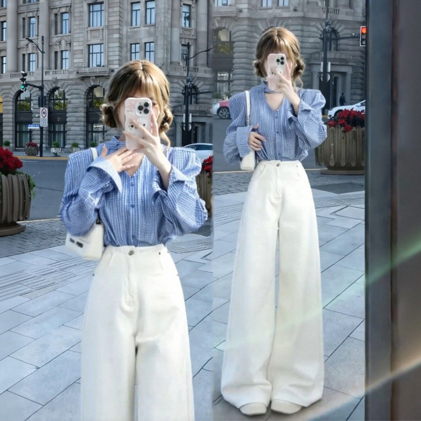 早春套装韩系一整套ootd穿搭飘带泡泡袖v领衬衫休闲长裤两件套女