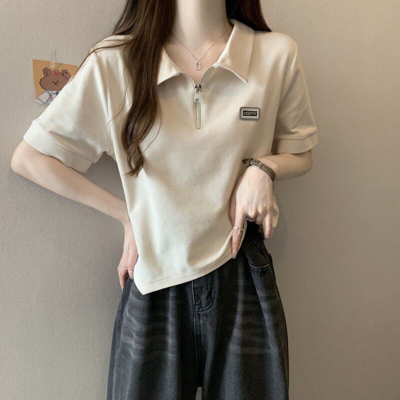 polo领正肩短袖T恤女春季设计感小众宽松显瘦港味chic上衣服体恤