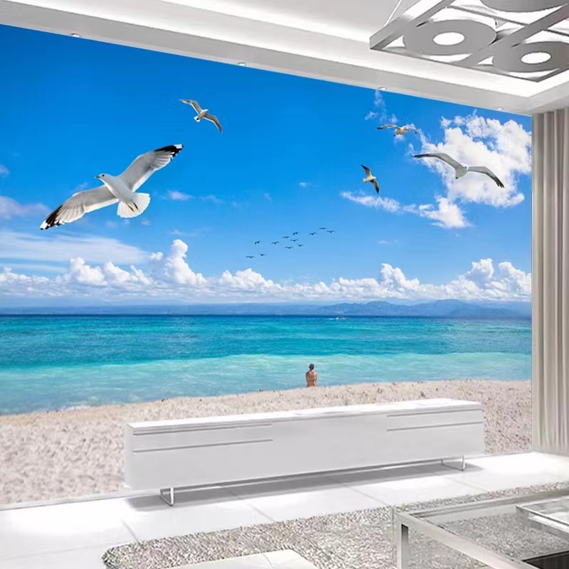 8d电视背景墙壁纸海景沙滩壁画简约风景墙布18d立体客厅影视墙纸
