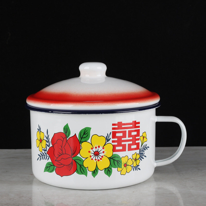 加厚中式搪瓷泡面碗带盖带手柄花卉印花成人日常餐具碗多用快餐杯