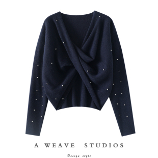 女纯羊绒毛衣短款 镶钻V领交叉100%山羊绒衫 加厚 浪荡不羁 大女主