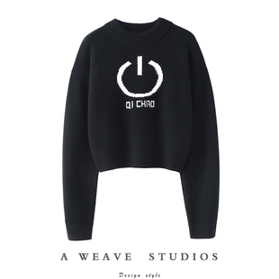 启超调性突出!字母提花半高领羊绒衫女短款纯羊绒毛衣宽松加厚