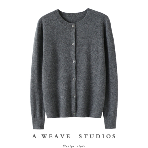 官方正品~圆领100%纯山羊绒开衫女纯羊绒毛衣针织开衫秋冬外套