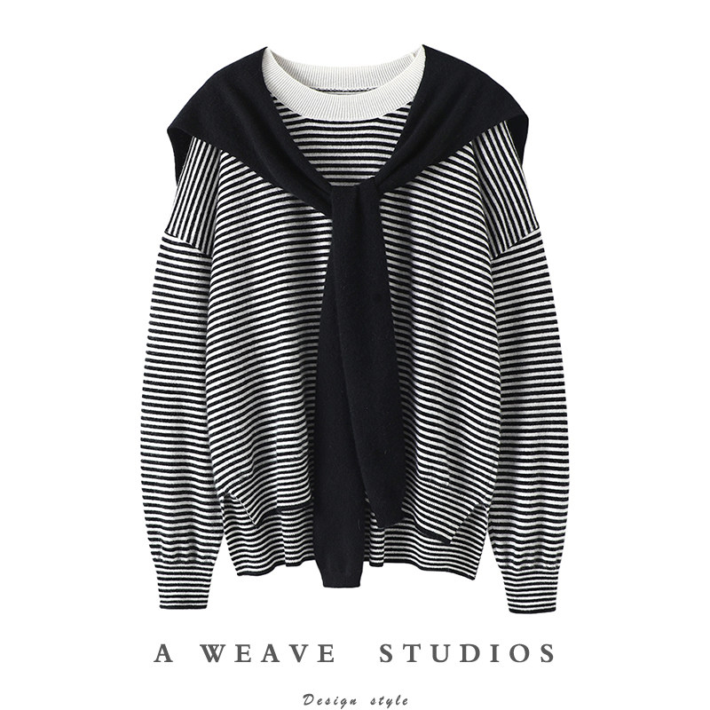 自带奢感！黑白条纹可拆卸披肩廓形衫女纯毛衣2023秋冬,女装/女士精品,羊绒衫,淘宝优惠券,粉丝福利购,淘宝优惠卷