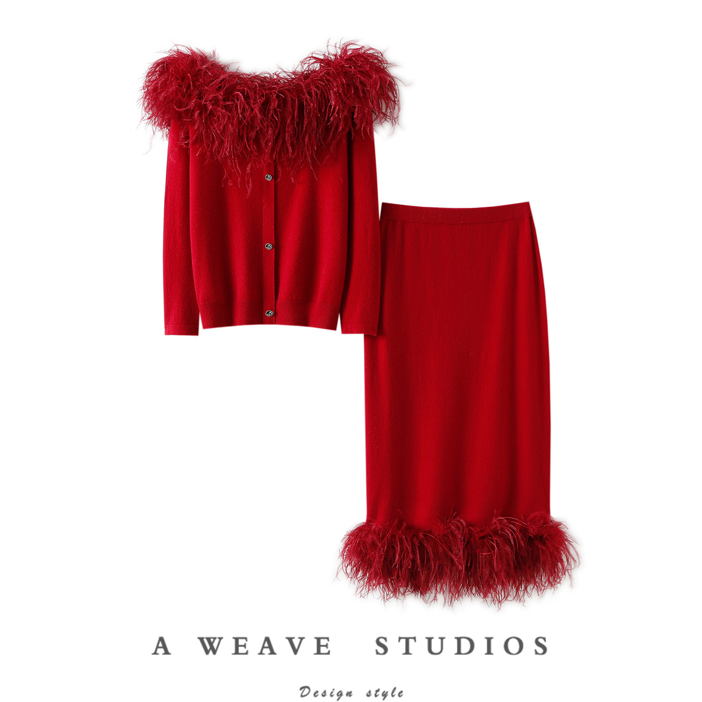 哇~太惊艳了！鸵鸟毛100%纯山羊绒衫女一字领半身包臀裙子套装