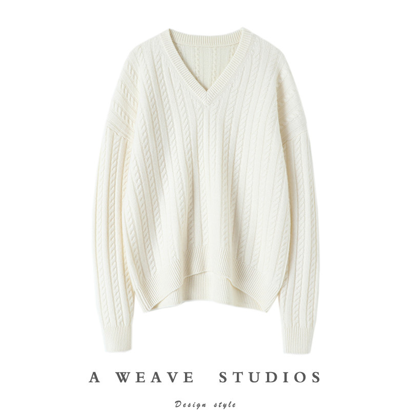 气质十足！时尚绞花加厚山衫女V领纯毛衣衫宽松秋冬,女装/女士精品,羊绒衫,淘宝优惠券,粉丝福利购,淘宝优惠卷