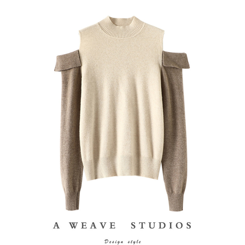 心爱的小心机！拼色露肩半高领羊绒衫女纯羊绒毛衣针织衫秋冬新款,女装/女士精品,羊绒衫,淘宝优惠券,粉丝福利购,淘宝优惠卷