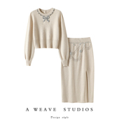 女包臀开叉半身裙套装 官方正品 蝴蝶结钉钻圆领100%纯山羊绒衫