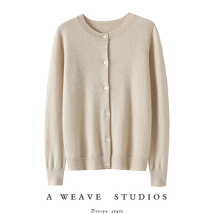 通勤衣素人富~圆领100%纯山羊绒开衫女纯羊绒毛衣针织开衫外套