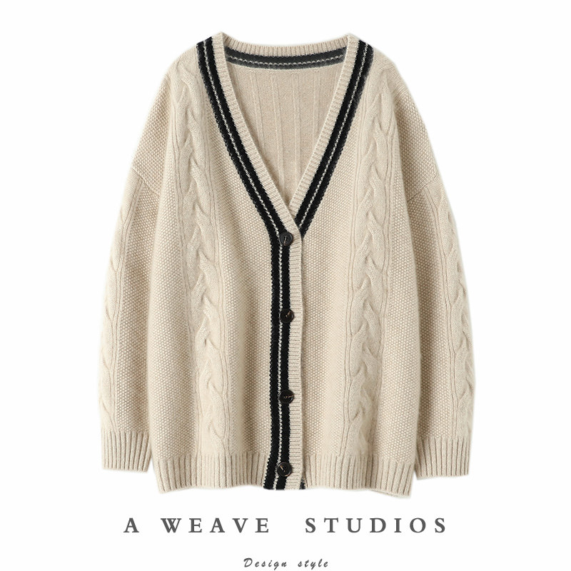 时髦风向标！拼色条纹V领纯山羊绒开衫宽松女毛衣粗棒针编织外套,女装/女士精品,羊绒衫,淘宝优惠券,粉丝福利购,淘宝优惠卷