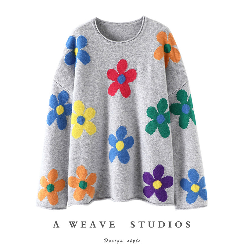 太爱它了！彩色小花阔袖加厚羊绒衫女圆领纯山羊绒毛衣宽松新款冬,女装/女士精品,羊绒衫,淘宝优惠券,粉丝福利购,淘宝优惠卷