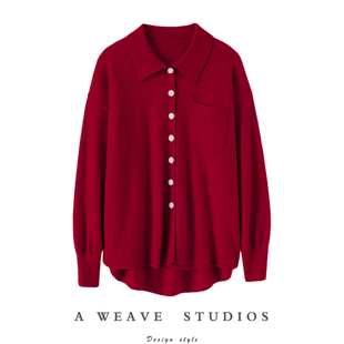 佳期如梦！很好穿气质款POLO领羊绒开衫女纯羊绒毛衣宽松针织衬衫