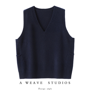 人见人爱 加厚V领100%羊绒马甲侧口袋背心纯羊绒毛衣坎肩宽松秋冬
