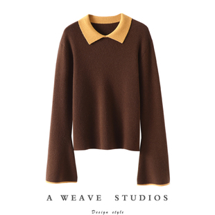 100纯羊绒女毛衣针织打底衫 翻领羊绒衫 秋冬 喇叭袖 启超心思精致