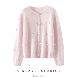 像泡芙轻暖~手工钉珠拉毛100%纯山羊绒开衫女圆领纯羊绒毛衣加厚