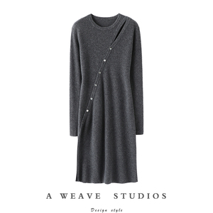 官方正品！露肩侧开叉显瘦羊绒衫女中长款纯羊绒毛衣连衣裙子秋冬