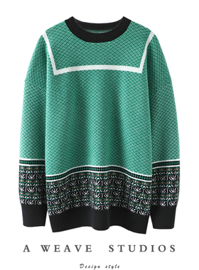 上身心动预警！复古绿色下摆图腾提花羊绒衫女纯羊绒毛衣宽松加厚