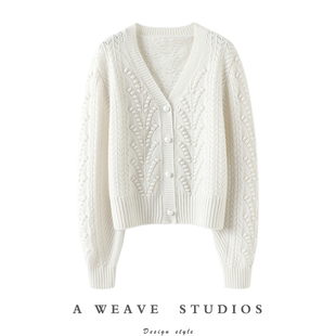 大方落落~加厚V领提花100%纯山羊绒开衫女纯羊绒毛衣针织开衫外套