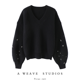 女V领纯羊绒毛衣套头针织衫 加厚山羊绒衫 宽松 星空钻 耀眼感拉满