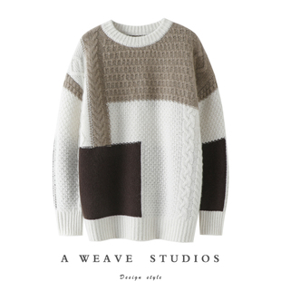 启超凭实力说话！拼接撞色纯山羊绒衫女毛衣2024冬慵懒风针织上衣