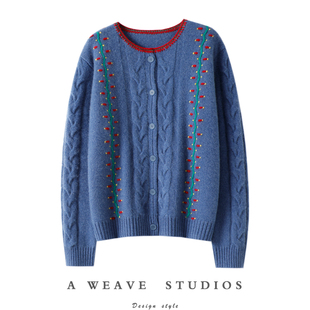 优雅富贵~奢！纯手工绣花加厚100%纯山羊绒开衫女圆领毛衣外套冬