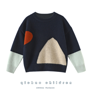 潮娃时髦~大块拼色儿童衫圆领加厚男女款中小童毛衣