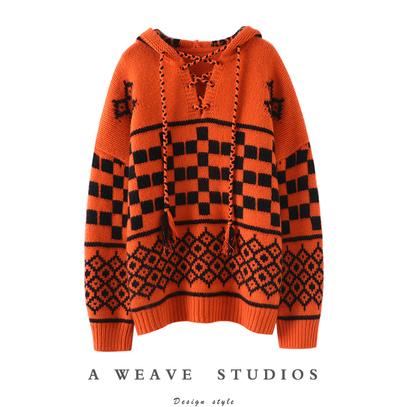 心动炸美！重磅加厚！女巫帽羊绒衫女连帽纯羊绒毛衣针织帽衫宽松