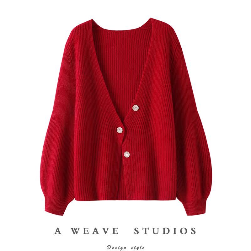 美翻了的版型！加厚V领100羊绒开衫灯笼袖纯羊绒毛衣针织开衫外套