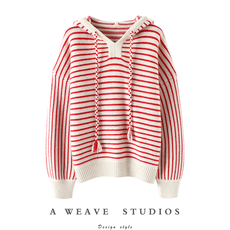 启超官方正品！舒服到炸100%纯山羊绒衫女蓝白条纹连帽宽松毛衣厚