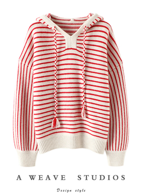 启超官方正品！舒服到炸100%纯山羊绒衫女蓝白条纹连帽宽松毛衣厚