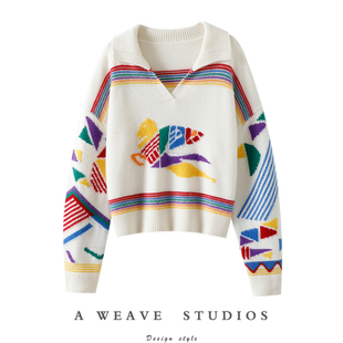 女翻领彩虹飞马提花宽松毛衣秋冬 加厚100%纯山羊绒衫 版 型美得挑