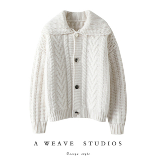 外套冬 女纯羊绒毛衣针织开衫 重磅大克重 大翻领粗棒针绞花羊绒衫