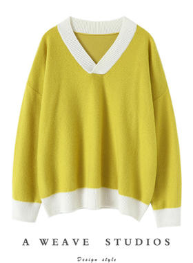 上身巨好看！姜黄色V领宽松纯羊绒毛衣女套头秋冬山羊绒衫女加厚