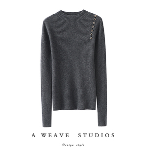 太衬气质了！肩部排扣半高领山羊绒衫女纯羊绒毛衣针织打底衫秋冬