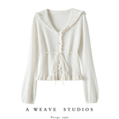 女纯羊绒毛衣针织衫 气质甜妹 后系带木耳边100%纯山羊绒开衫 秋冬