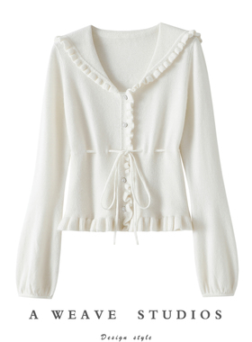 气质甜妹~后系带木耳边100%纯山羊绒开衫女纯羊绒毛衣针织衫秋冬