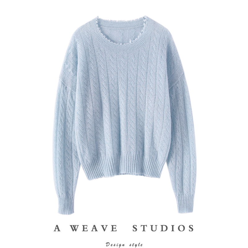 启超如月下昙花！绞花毛边羊绒衫女圆领纯羊绒毛衣秋冬宽松慵懒风