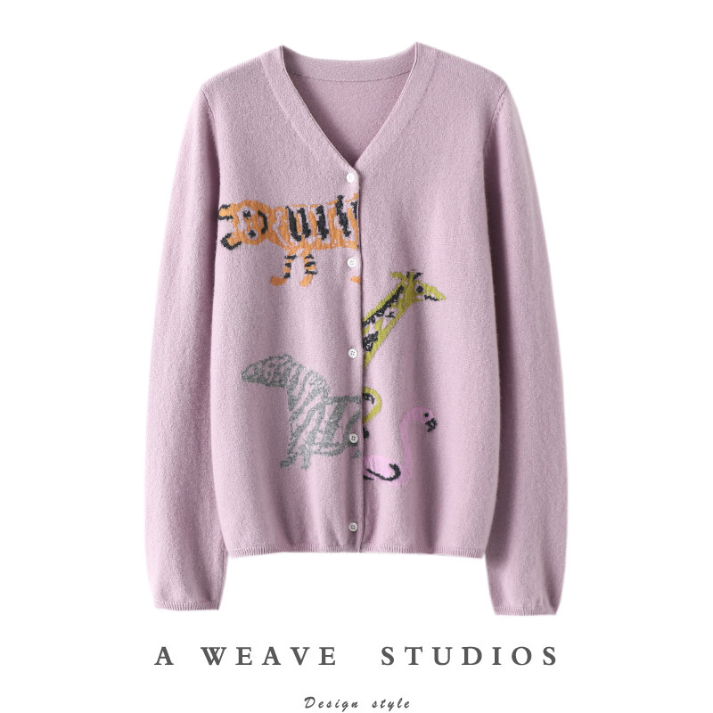 宝藏设计！动物提花V领山开衫女纯毛衣开衫秋冬,女装/女士精品,羊绒衫,淘宝优惠券,粉丝福利购,淘宝优惠卷