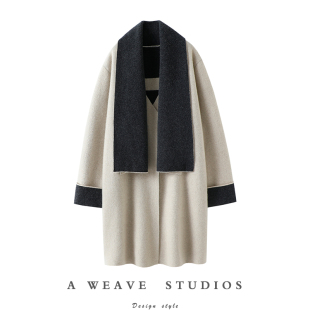 撞色针织飘带领大衣外套 1000g 启超气场如兰 重磅100%山羊绒衫