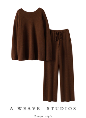 都是诚意！羊绒衫100纯羊绒女小一字领毛衣九分阔腿裤子套装秋冬