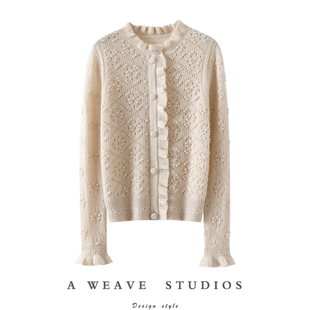 气质高货 女圆领羊绒毛衣针织外套 重工挑花镂空100%纯山羊绒开衫